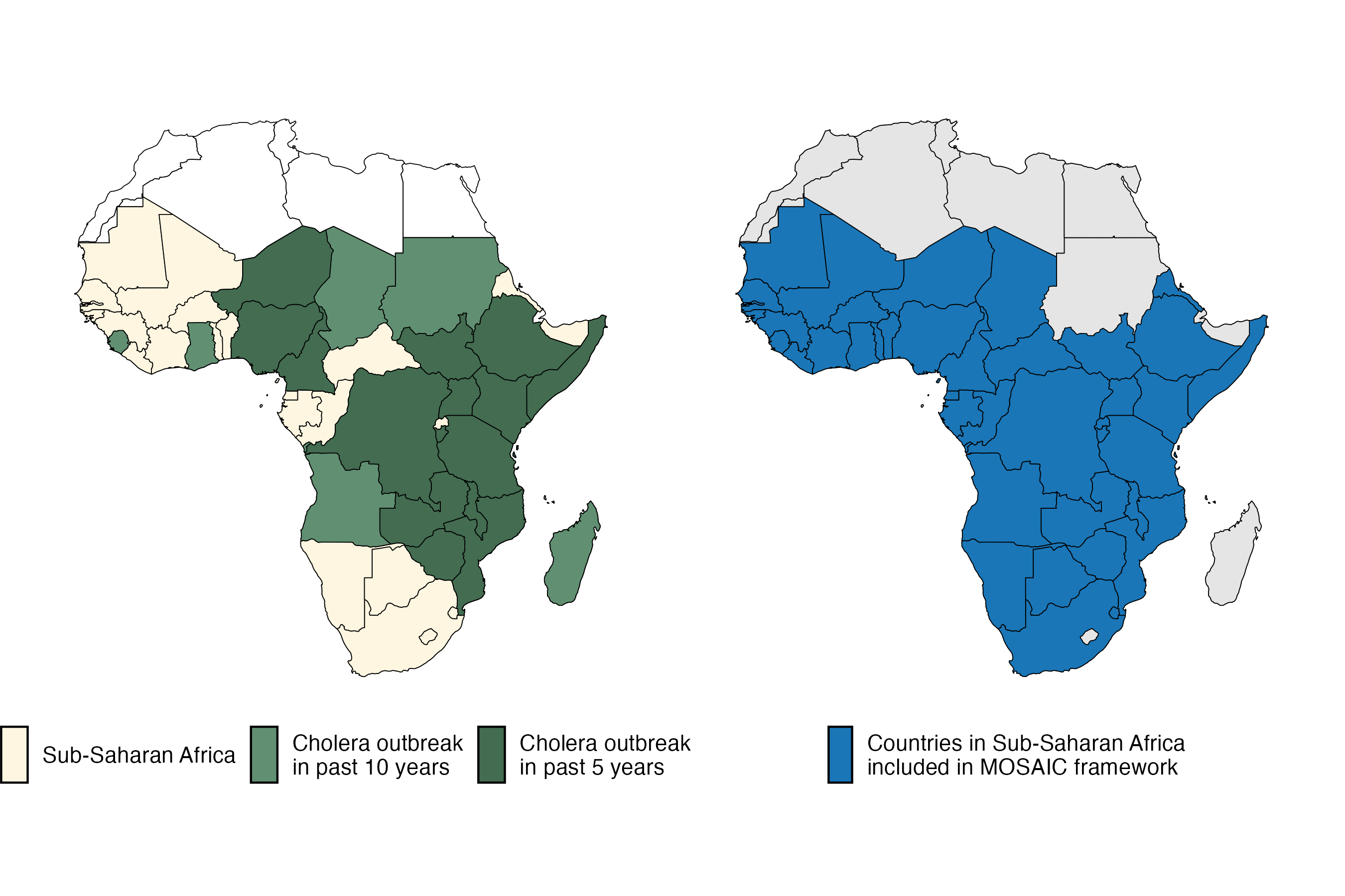 A map of Sub-Saharan Africa with countries that have experienced a cholera outbreak in the past 5 and 10 years highlighted in green. The 40 countires included in the MOSAIC modeling framework are indicated in blue.
