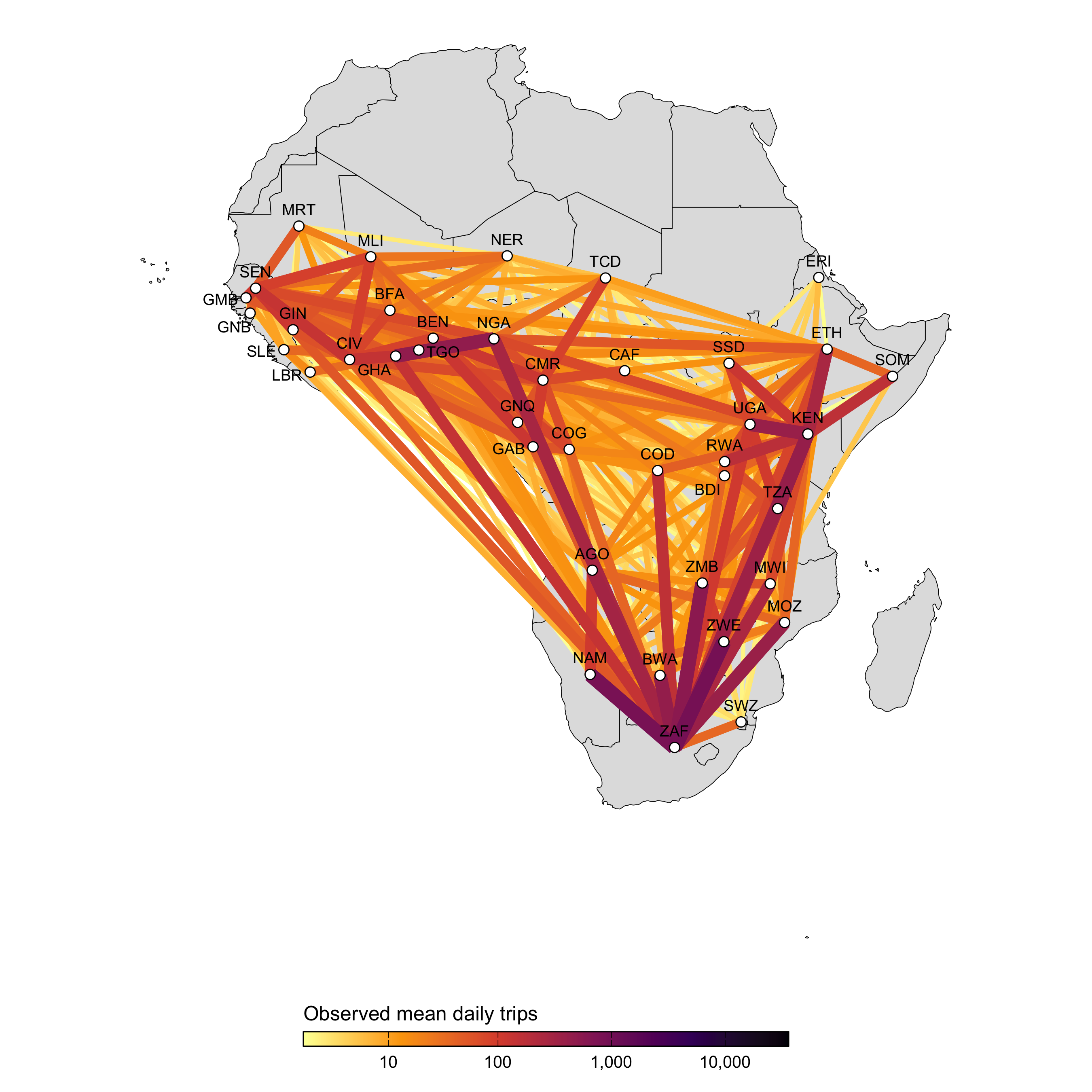 A network map showing the average number of air passengers per day in 2017.