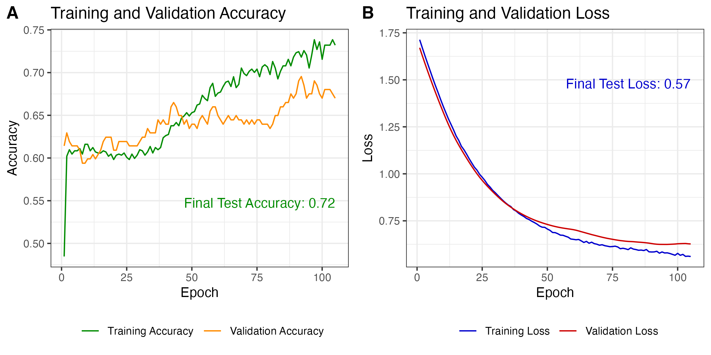 Model performance on training and validation data.